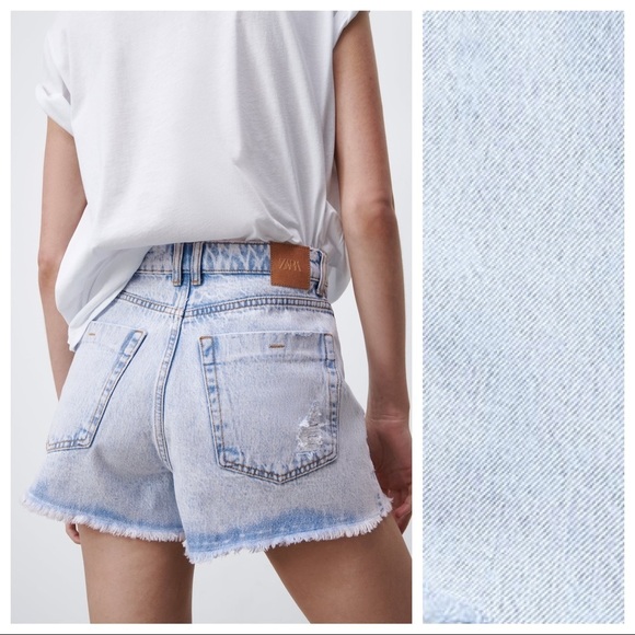 NWT. Zara Z1975 Snow Wash High Rise Frayed Ripped Denim Shorts. Size 8. - Picture 3 of 10